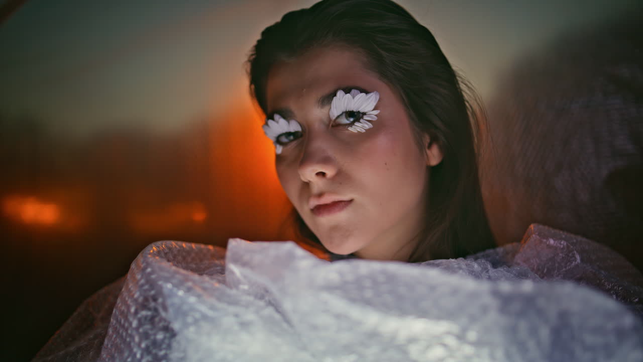 Beautiful model floral eyelashes enveloped in glossy plastic closeup. Calm girl