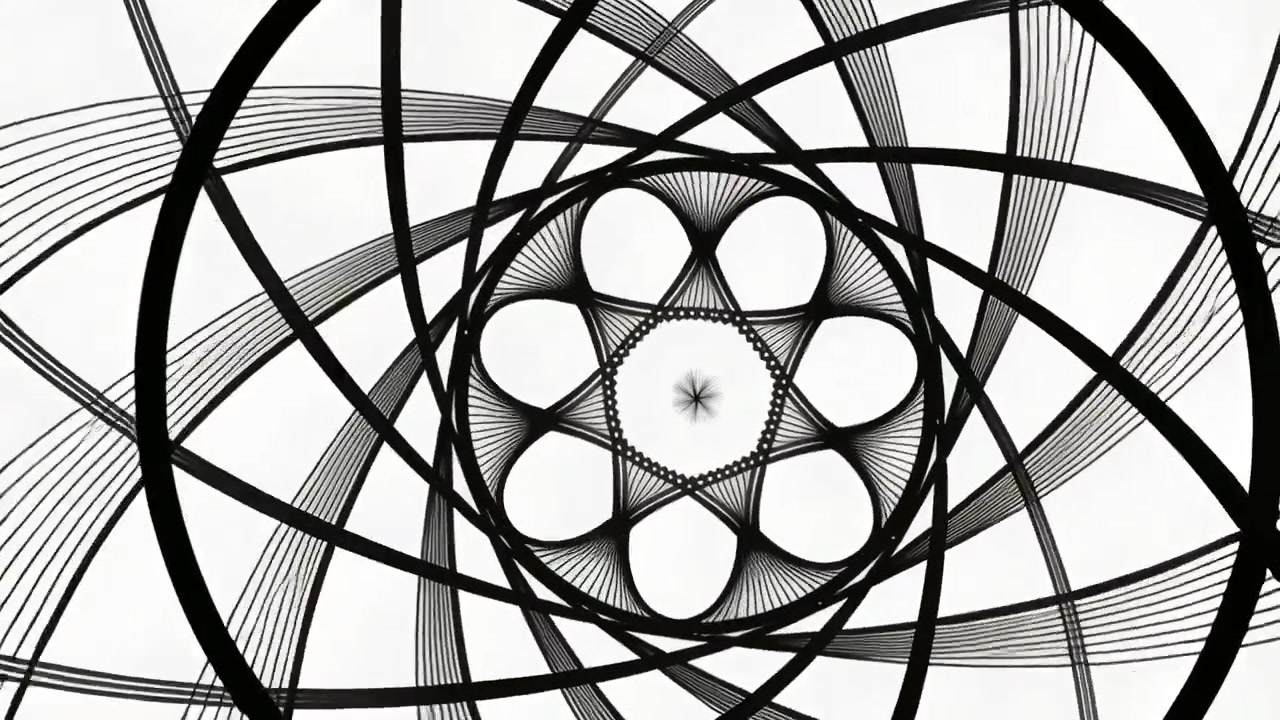 Un motivo a rotazione di fase che mostra un anello centrale a petalo che forma una stella centrale su un piano bianco con bande ovali.