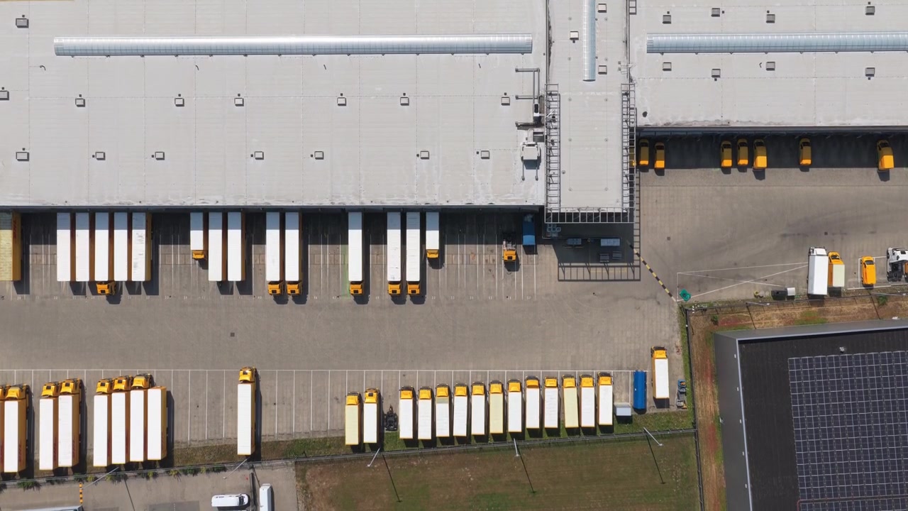 Aerial View of a Busy Logistics Warehouse Distribution Center