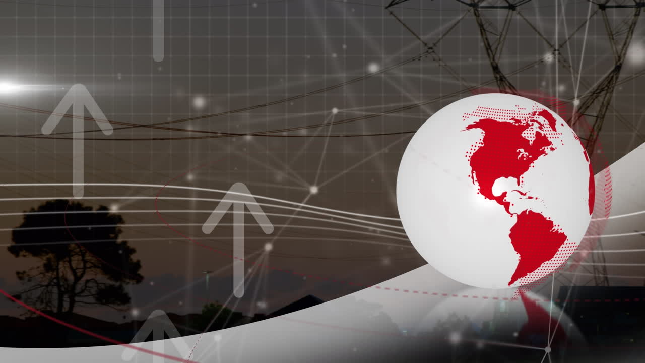 animación de flechas, conexiones y globo sobre postes de electricidad