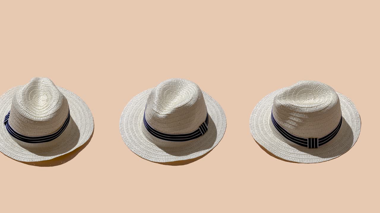 white straw wicker hat on a sand color background. seamless looping animation with hard shadows of the sun. minimal concept of travel and vacation