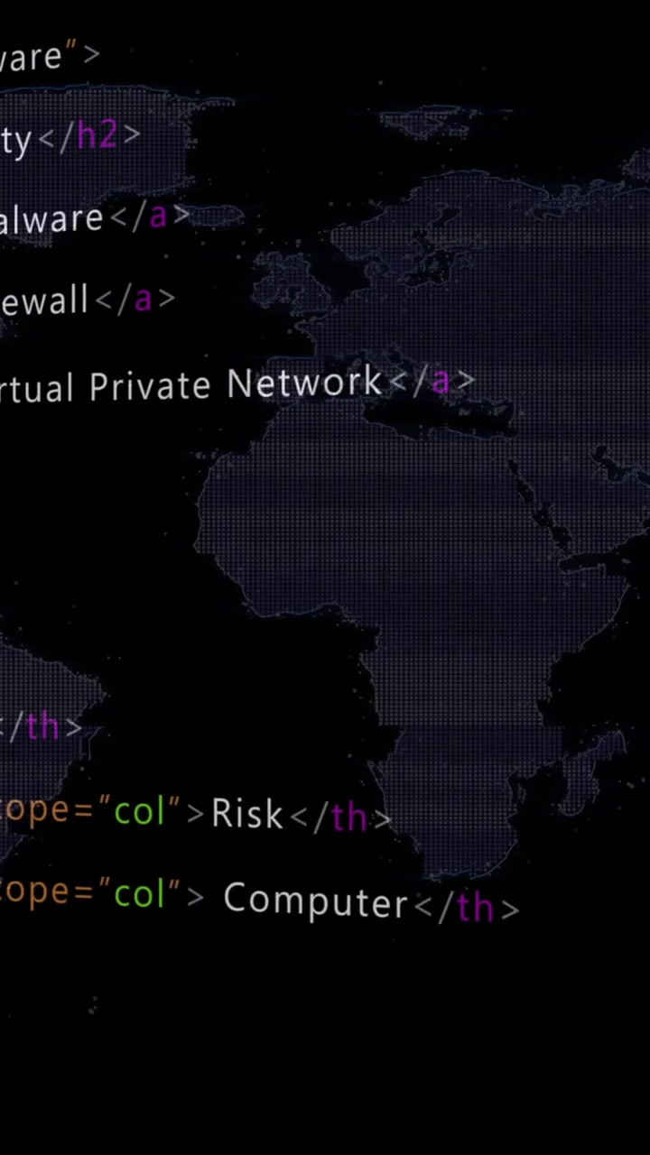 Animation of multicolored computer language and map over black background