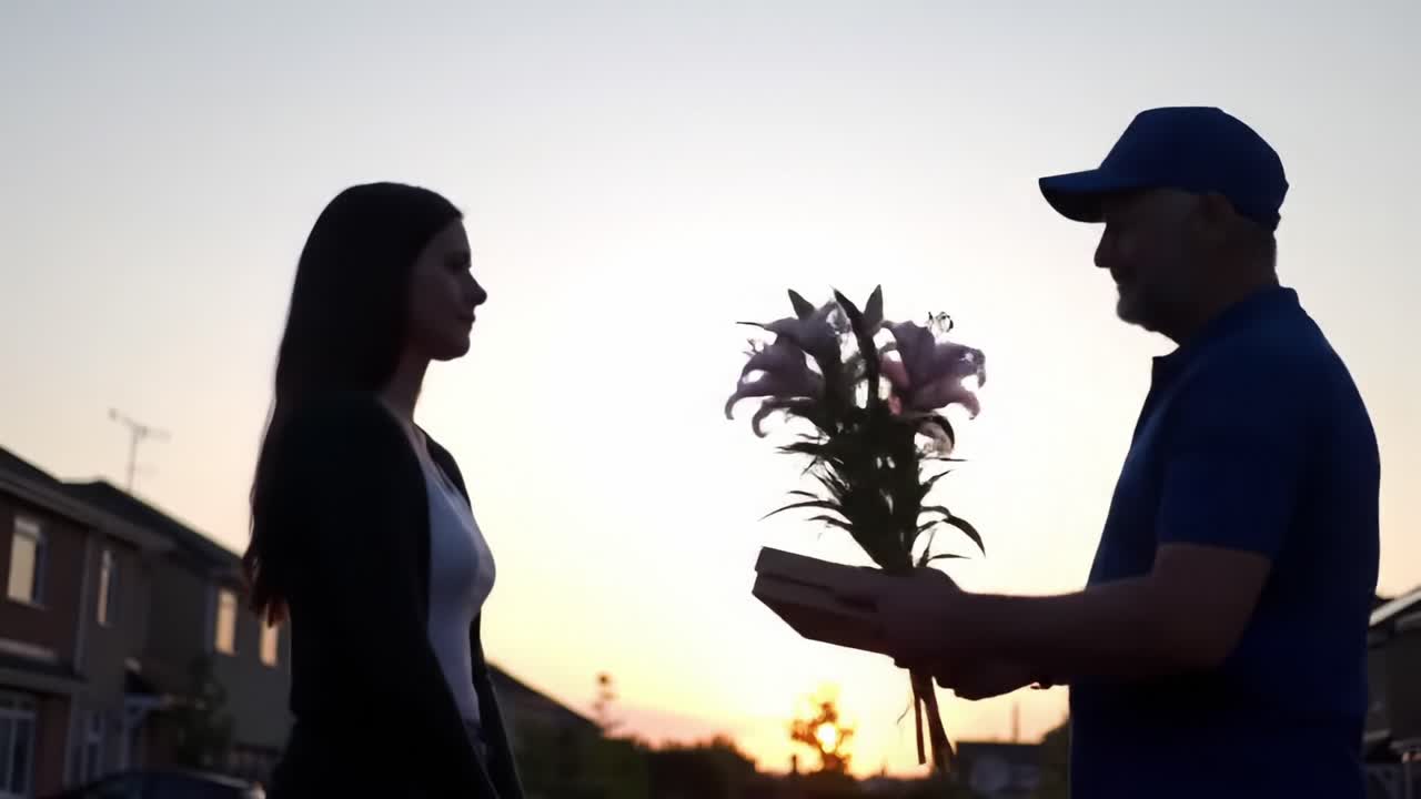 A Heartfelt Gesture in Silhouette: Two Individuals Share an Emotional Moment at Sunset with Flowers and Connection Amidst a Beautiful Horizon