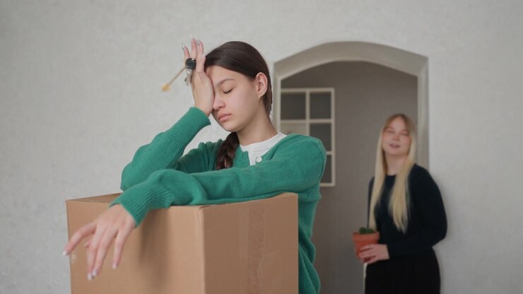 Young woman leaning on box beside bare apartment archway, holding keys, roommate with plant in background, mood introspective and uncertain, relocation tension, packing boxes and cardboard, minimal