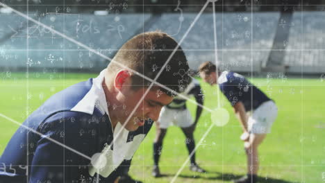 el arte digital mezcla ecuaciones matemáticas e imágenes de equipos de rugby en una cuadrícula.