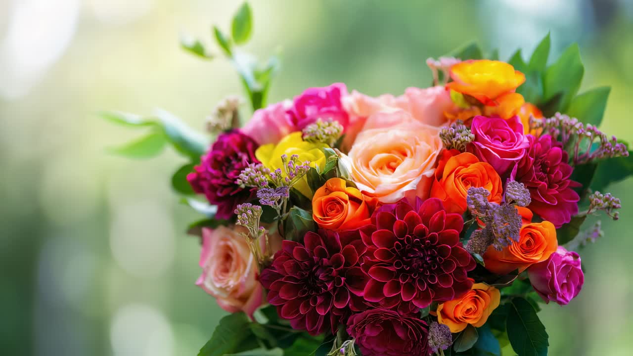 Colorful wedding bouquet featuring a mix of roses, dahlias, and other flowers, tied with a pink ribbon, creating a beautiful contrast against a soft focus background