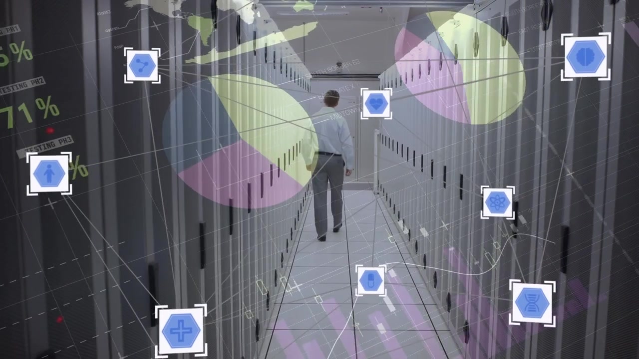 Animation of network of digital icons and data processing over male engineer walking in server room