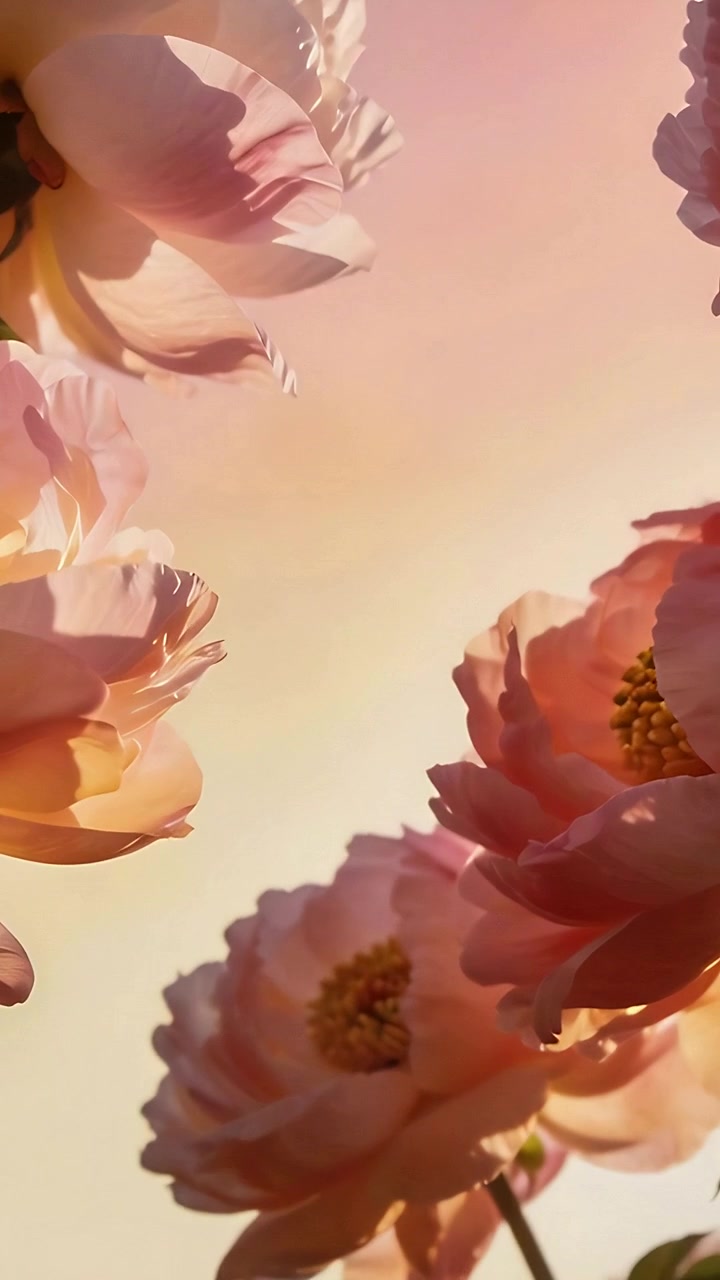 Video verticale: Brezza leggera che fa ondeggiare un gruppo di peonie rosa in giardino da un'angolazione bassa.