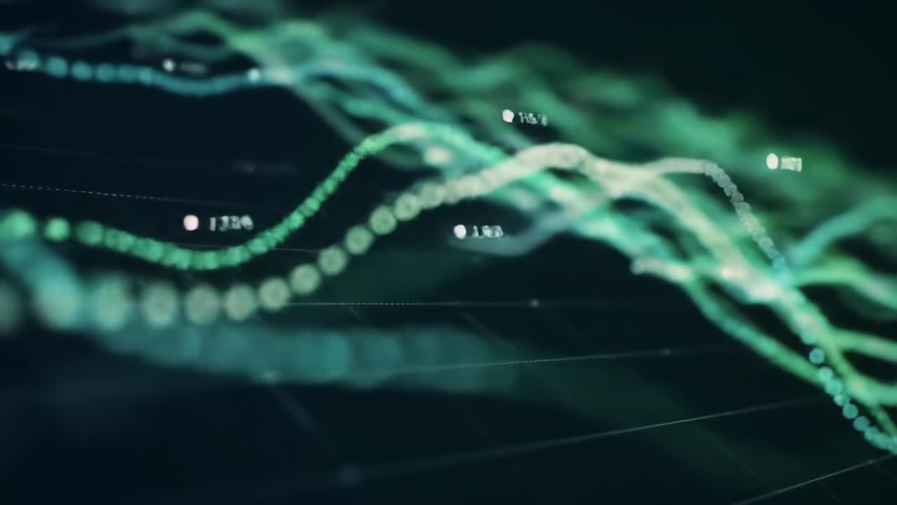 A digital visualization showcases changing data trends and patterns in real-time. The animated graphics highlight fluctuations and key metrics, revealing insights into analytics processes.