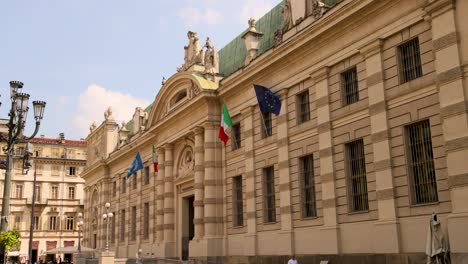 national library and flags in town square