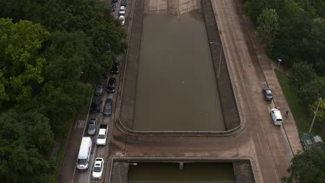 drone view of under bridge flooding on allen parkway in houston, texas