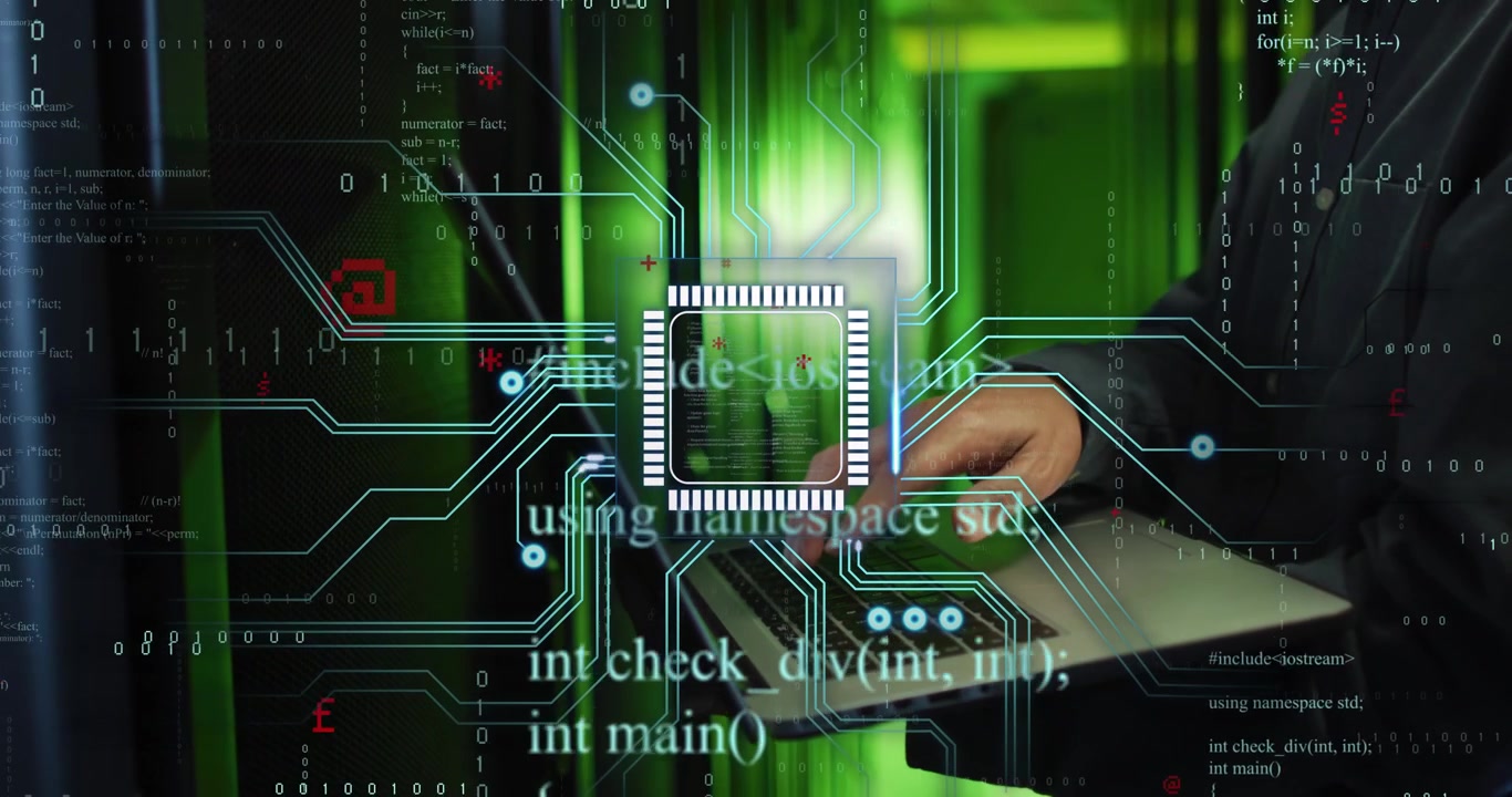 Holding laptop, IT tech in dark shirt typing at datacenter racks with HUD graphics, copy space