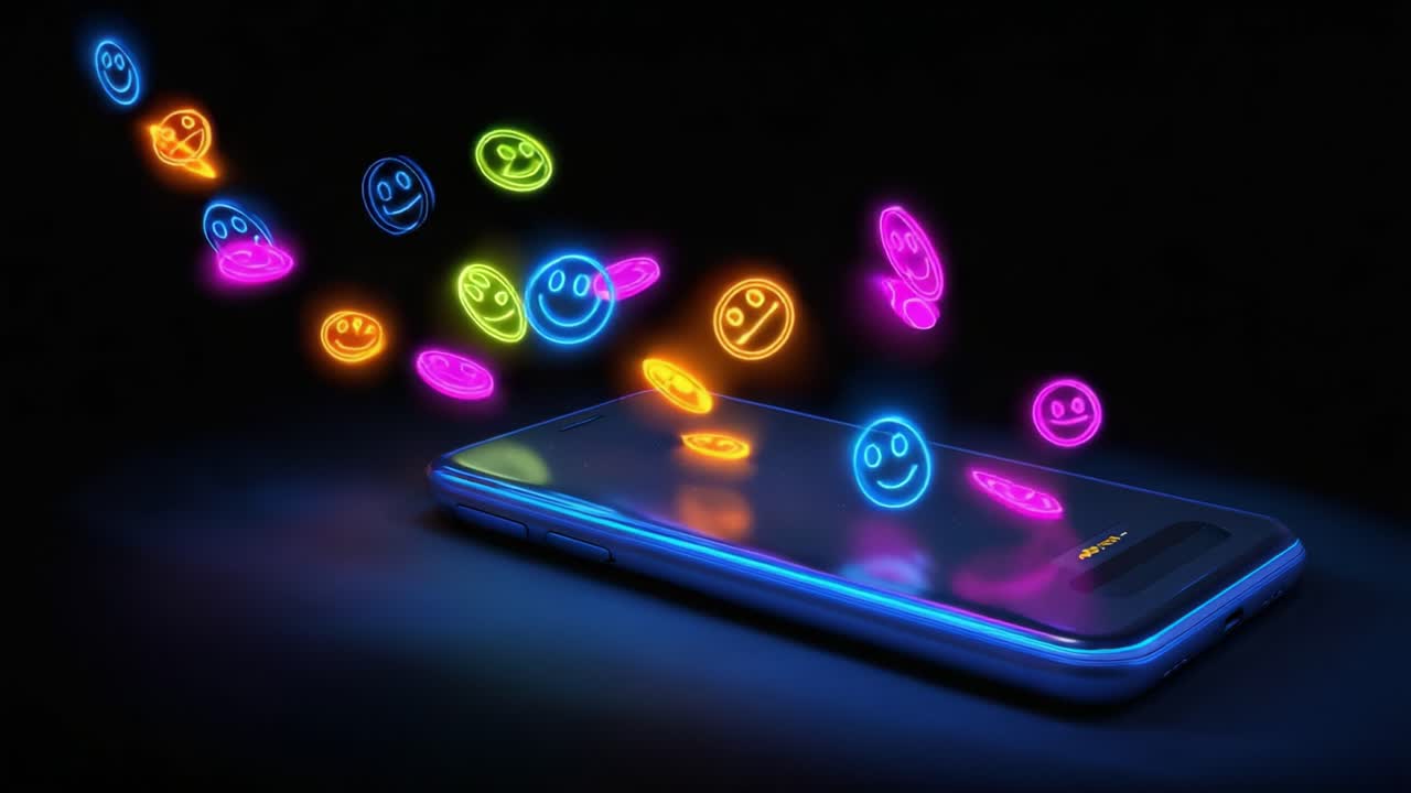 A mesmerizing display of vibrant neon emojis and icons radiating from a sleek smartphone, creating a playful atmosphere of digital expression and engagement
