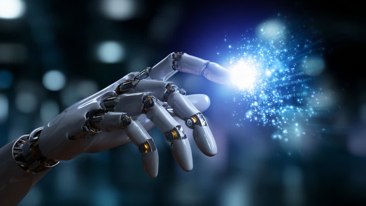 A futuristic robotic hand reaches out, generating a burst of sparkling energy, symbolizing the intersection of technology and human-like interaction in a captivating display of innovation and creativity