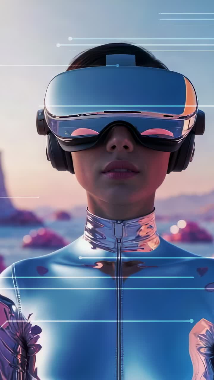 Vertical video: Circuit lights urging VR user adjusting headset to center view in surreal landscape