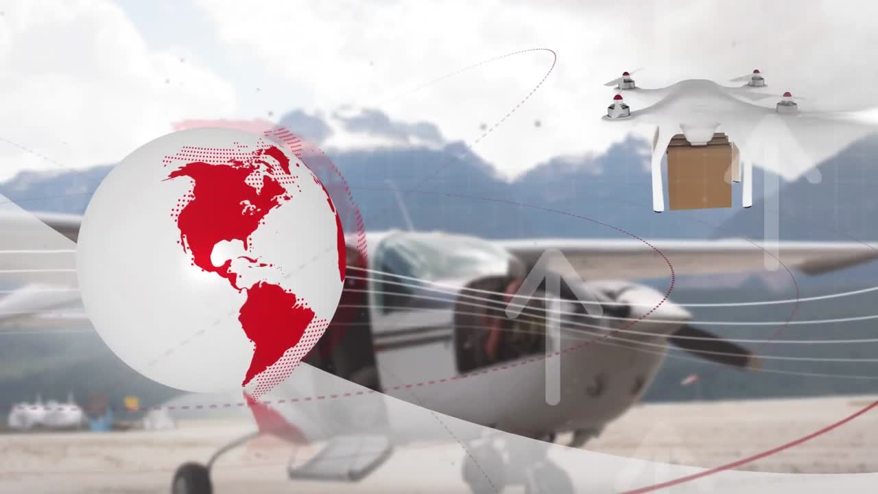 공항 프론 위의 패 ⁇ 과 함께 드론을 통한 연결 네트워크의 애니메이션