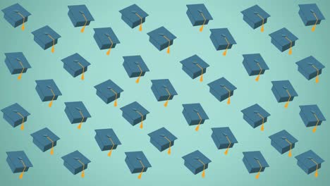 Digital-animation-of-multiple-graduation-hats-icons-floating-against-green-background