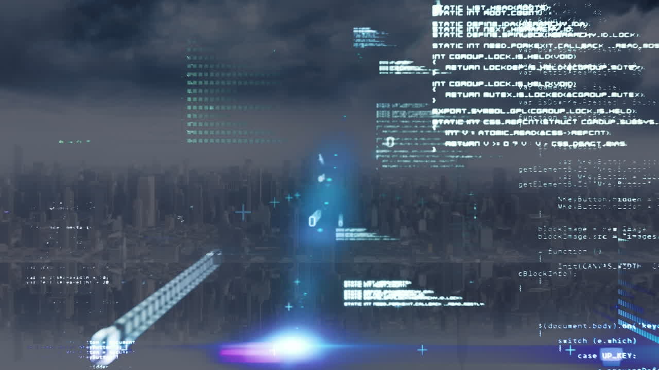 animación de codificación binaria y procesamiento de datos sobre el paisaje urbano