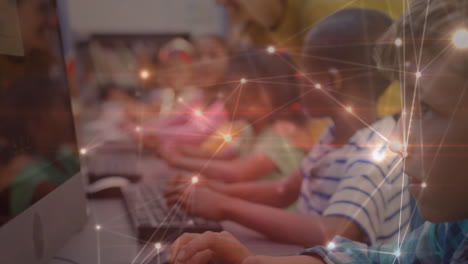 animation of networks of connections over diverse schoolchildren and teacher in classroom