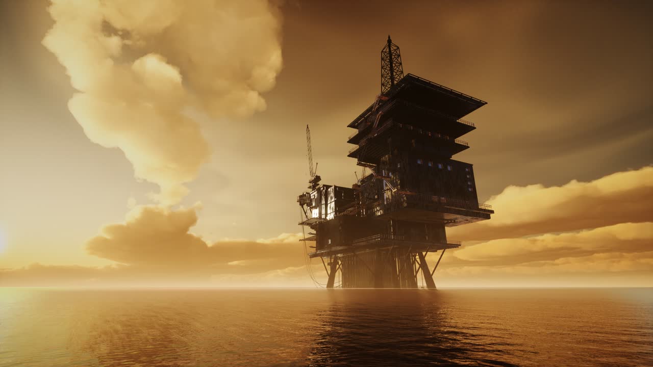 Offshore Jack Up Rig in The Middle of The Sea at Sunset Time