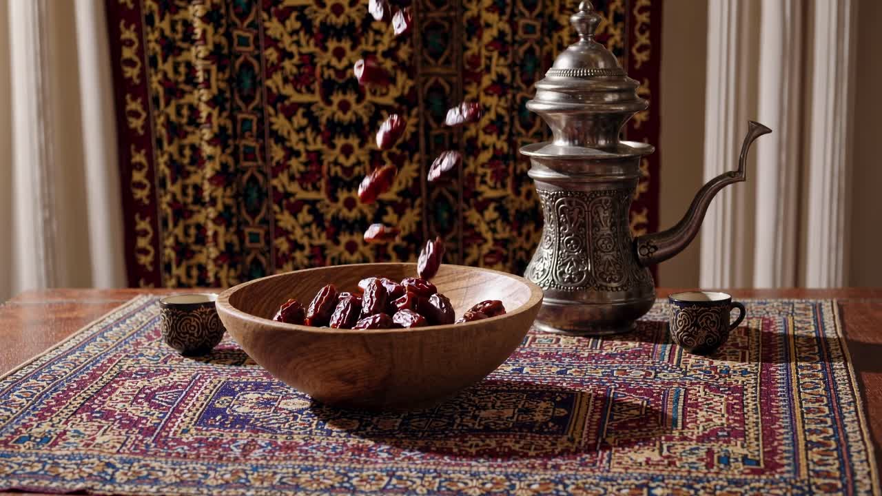 Video still of dates falling into a wooden bowl on a patterned tablecloth, with a teapot and cups