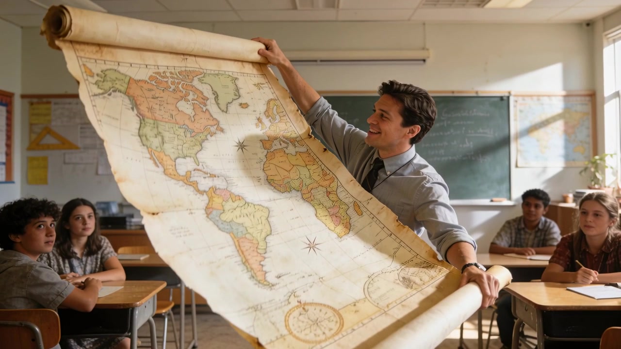 Lærer iført skjorte og slips starter lektionen, ruller et antikt kort ud foran og underviser i geografi.