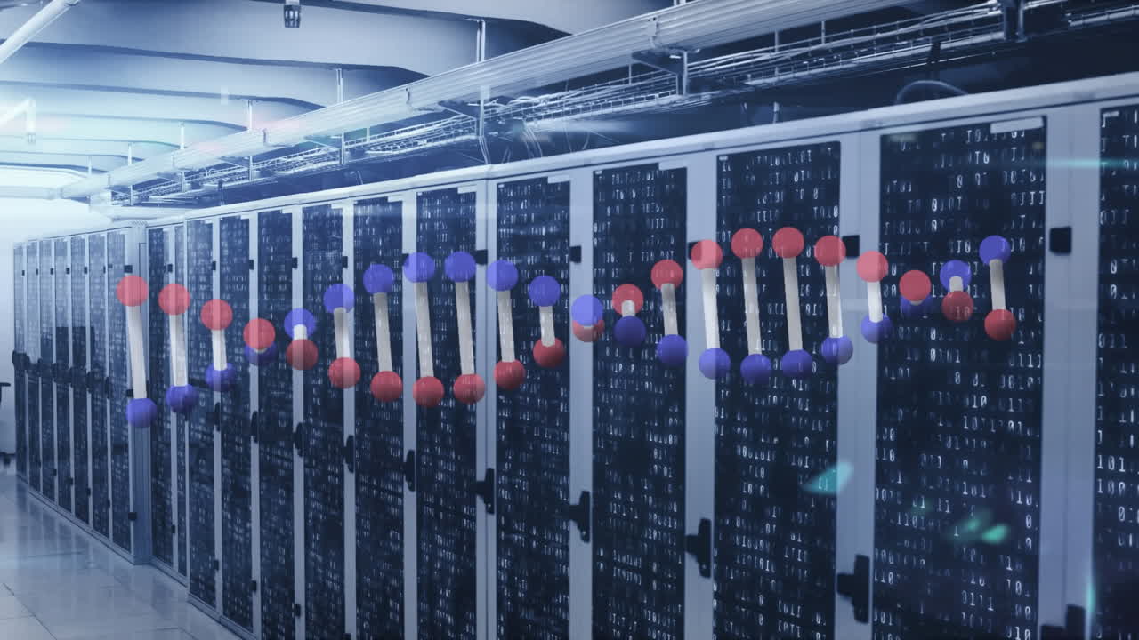 Animation of dna strand spinning and data processing over tech room with computer servers