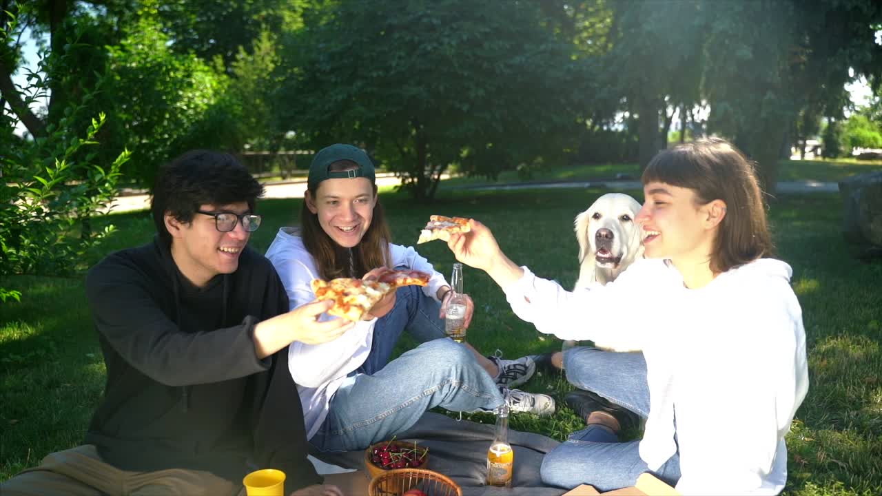 친구 들 이 피자 와 개 와 함께 공원 에서 피크닉 을 즐기고 있다