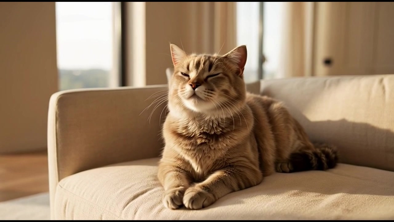 Fluffy Ginger Cat Resting on a Comfortable Sofa in Sunlight