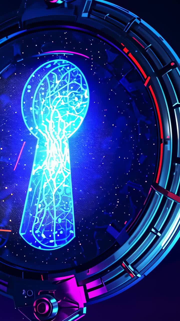 Vertical video: Rotating metal porthole responding to startup in scifi void, pulsing neon keyhole
