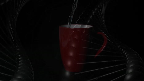 receiving water stream, red ceramic mug resting between glossy black helix shapes under spotlight