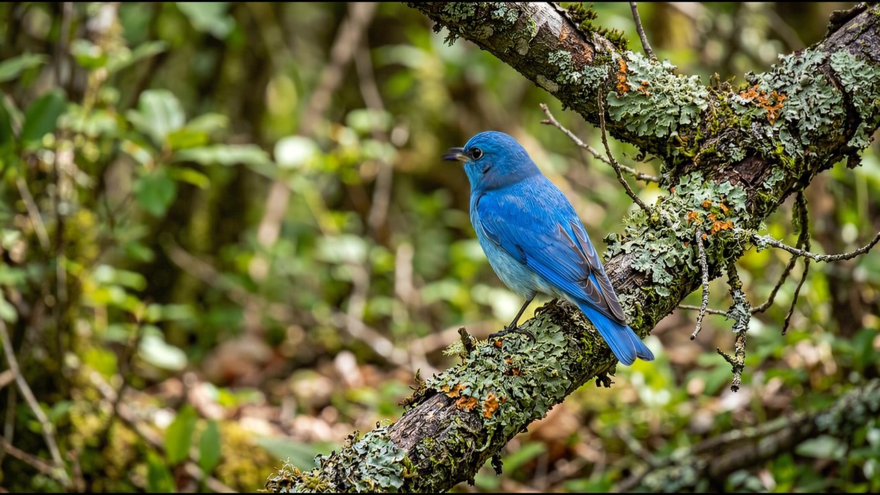 Uccello azzurro orientale che riposa su un ramo coperto di muschio, filmato di fauna selvatica naturale generato da IA