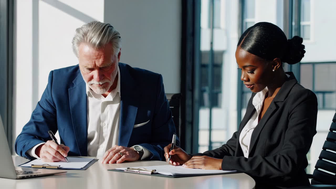 Business professionals signing documents in an office meeting