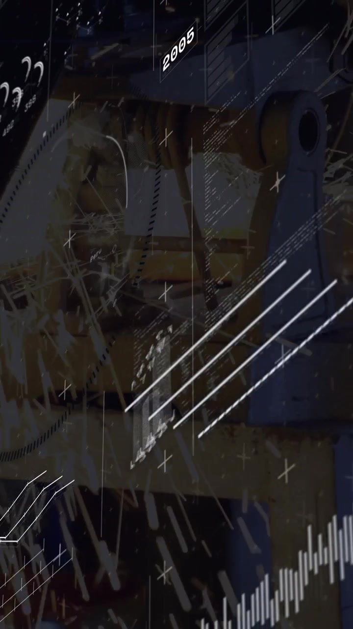 Video verticale: HUD che svanisce attiva un braccio robotico da banco che si rivela, con linee di dati che scorrono per mostrare lo stato.