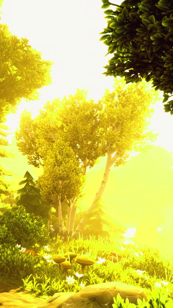 Golden sunlight filters through lush trees in a tranquil forest