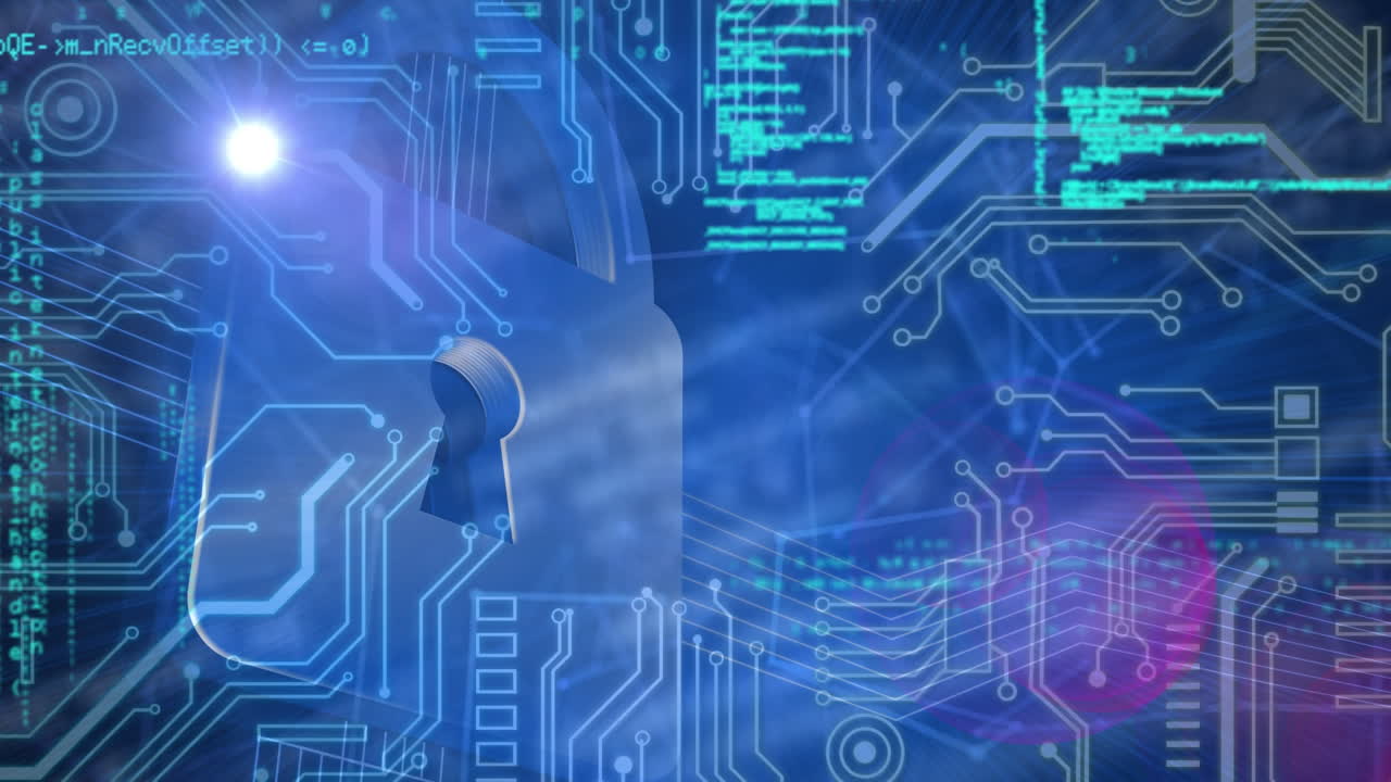 animación del código de programación que se mueve contra el candado gráfico y la placa de circuitos electrónicos