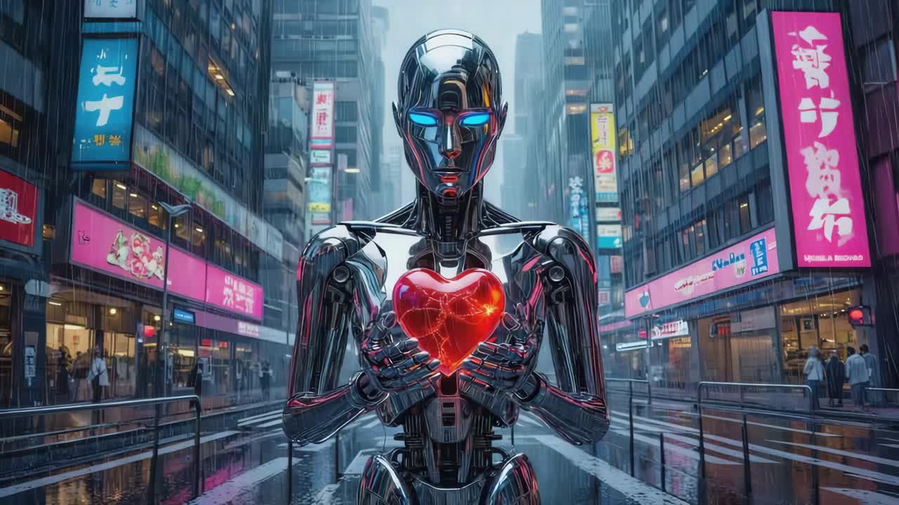 Robot Holding a Glowing Heart in a Cyberpunk City