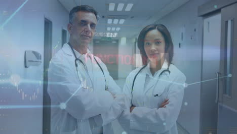 animación de la red y el procesamiento de datos sobre diversos médicos femeninos y masculinos en el hospital