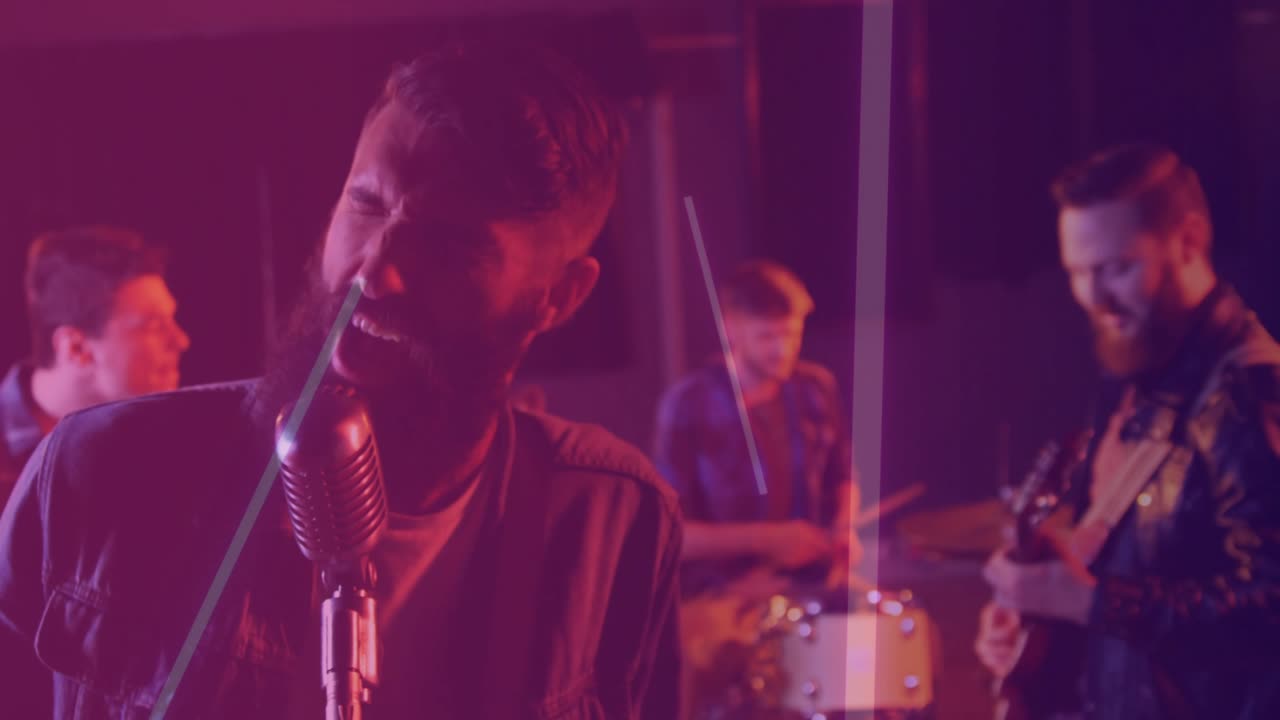 Lead singer leaning into vintage mic, cueing band performing music while neon bars overlaying band