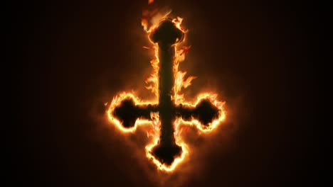 exciting and highly emotive reveal animation of an ornate inverted satanic crucifix cross, in roaring flames, burning embers and sparks, on a smokey, glowing black background