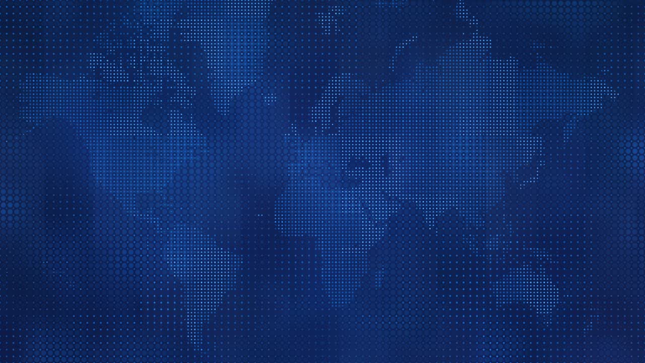 Abstract Blue World Map Animation Background with Glowing Shifting Halftone Grid Fractal
