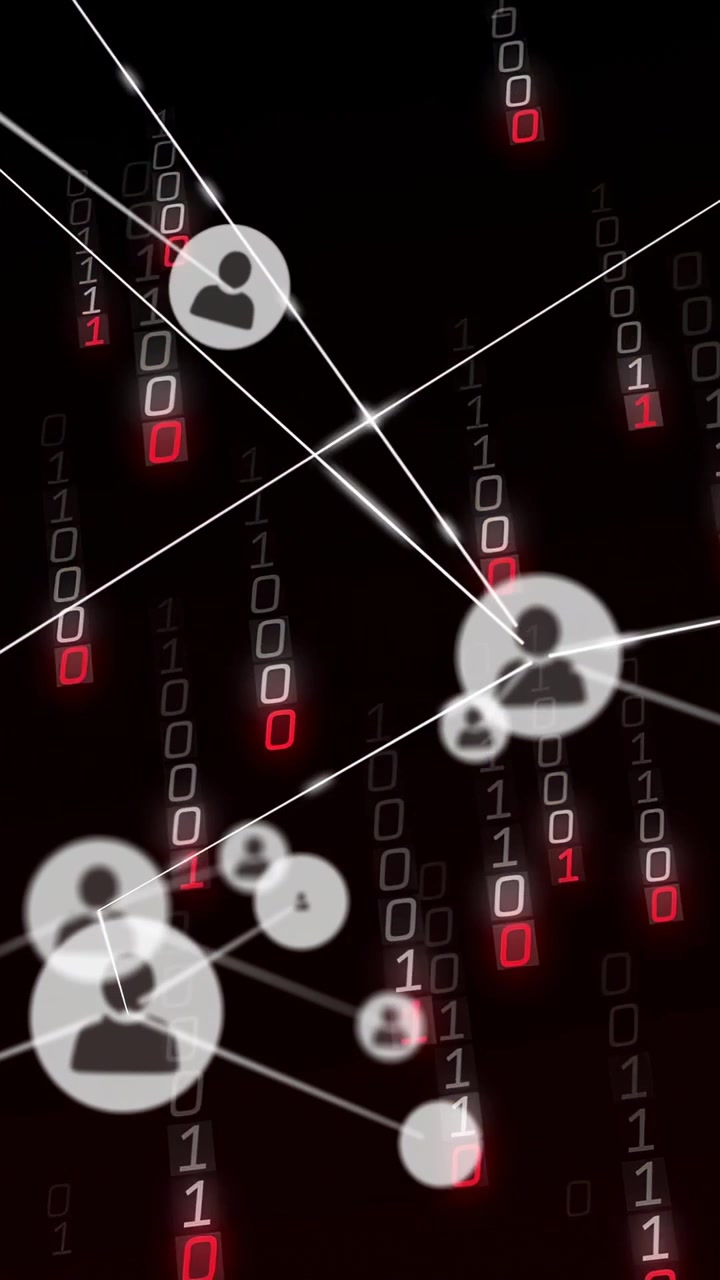 Vertical video: Center dot sending beam, nodes forming links, glints pulsing, mapping data network