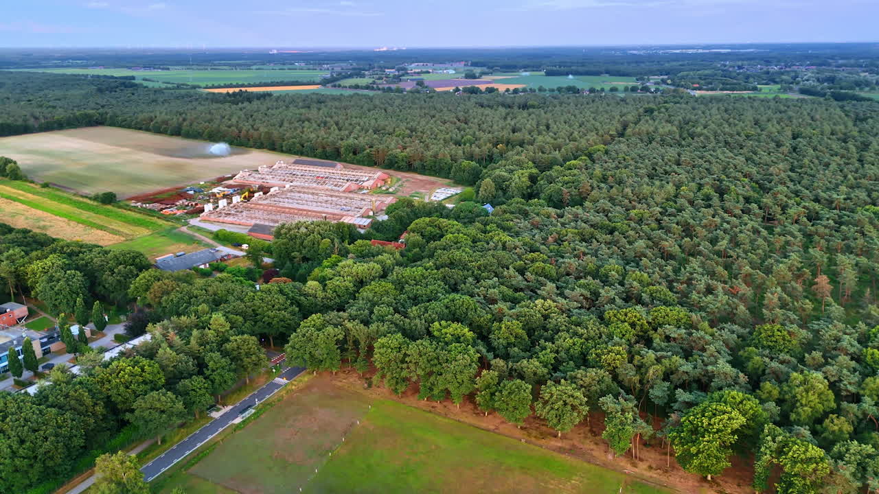 Forest edge by farmland. Lush green forest meets cultivated fields in a serene landscape during daylight hours, showcasing nature's beauty