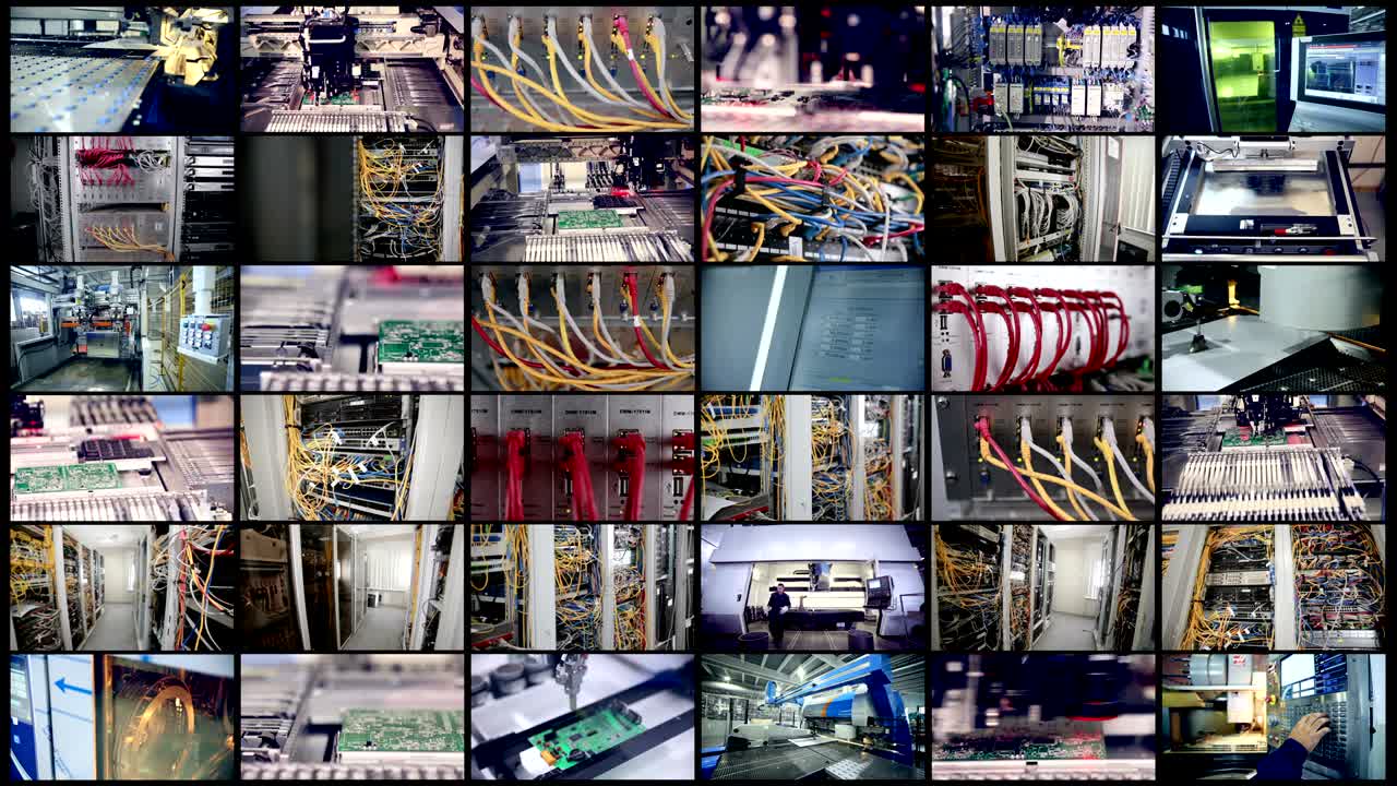 Automated circuit board production, computer wires. Video wall. Monitors, screens in motion.