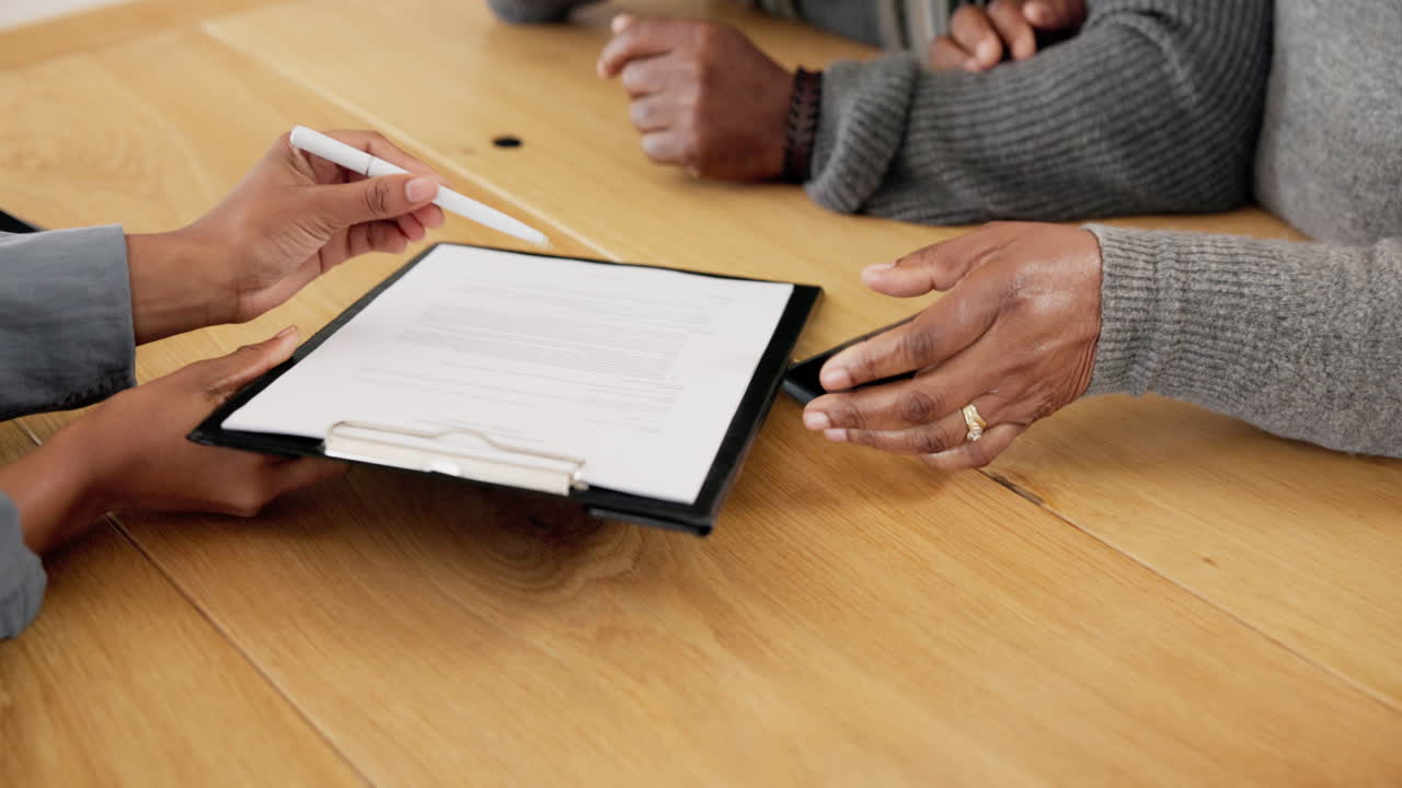 Hands, couple and sign paper for lawyer