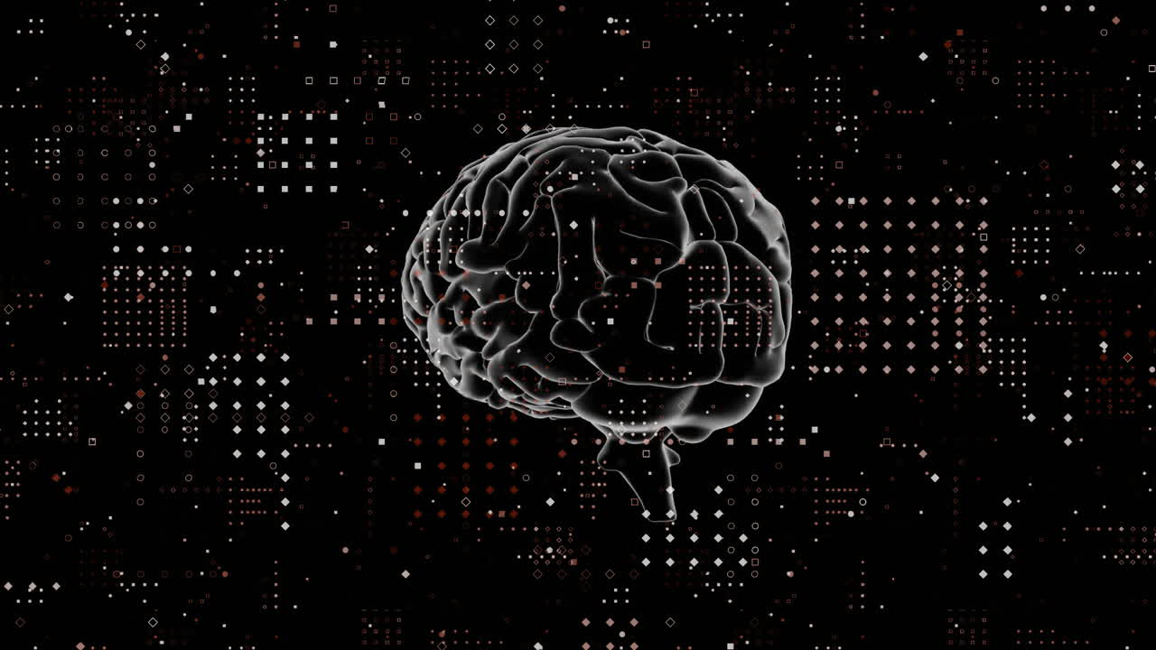 Brain animation over digital data and binary code on black background