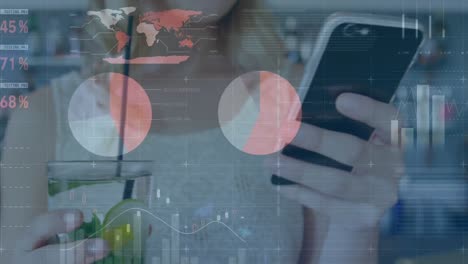 animation of financial data processing over cuacasian woman using smartphone