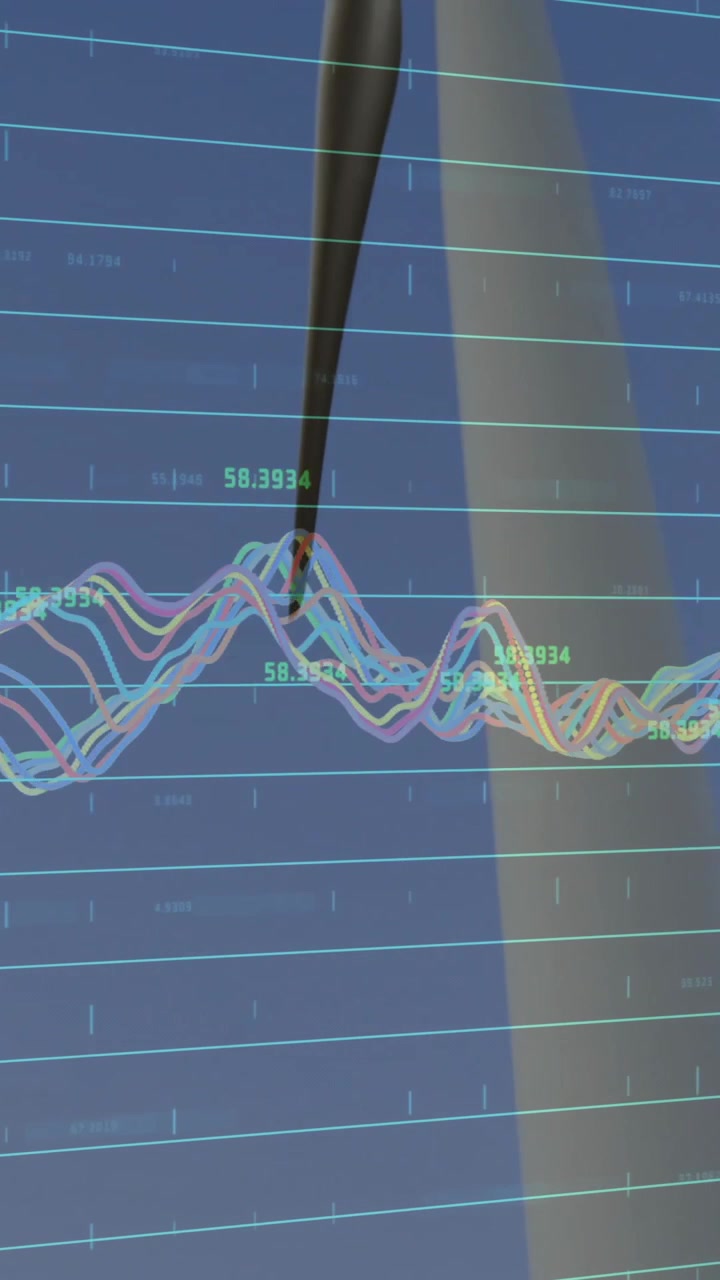 Wind turbine rotating with data analysis animation over blue background