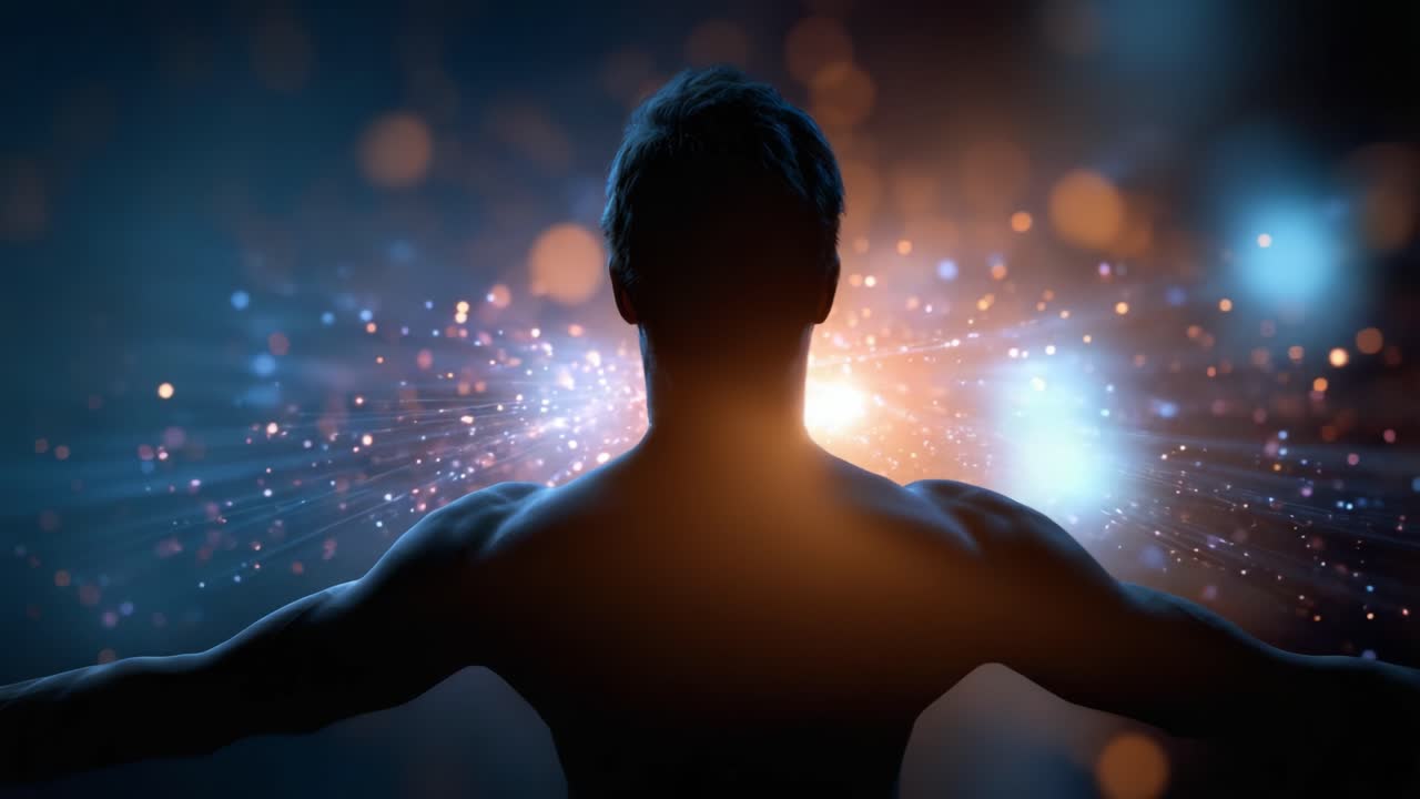 A Dazzling Display of Energy and Light Surrounds a Silhouetted Figure, Capturing the Mystique of Human Potential and the Power of Creation in a Stunning Visual Scene