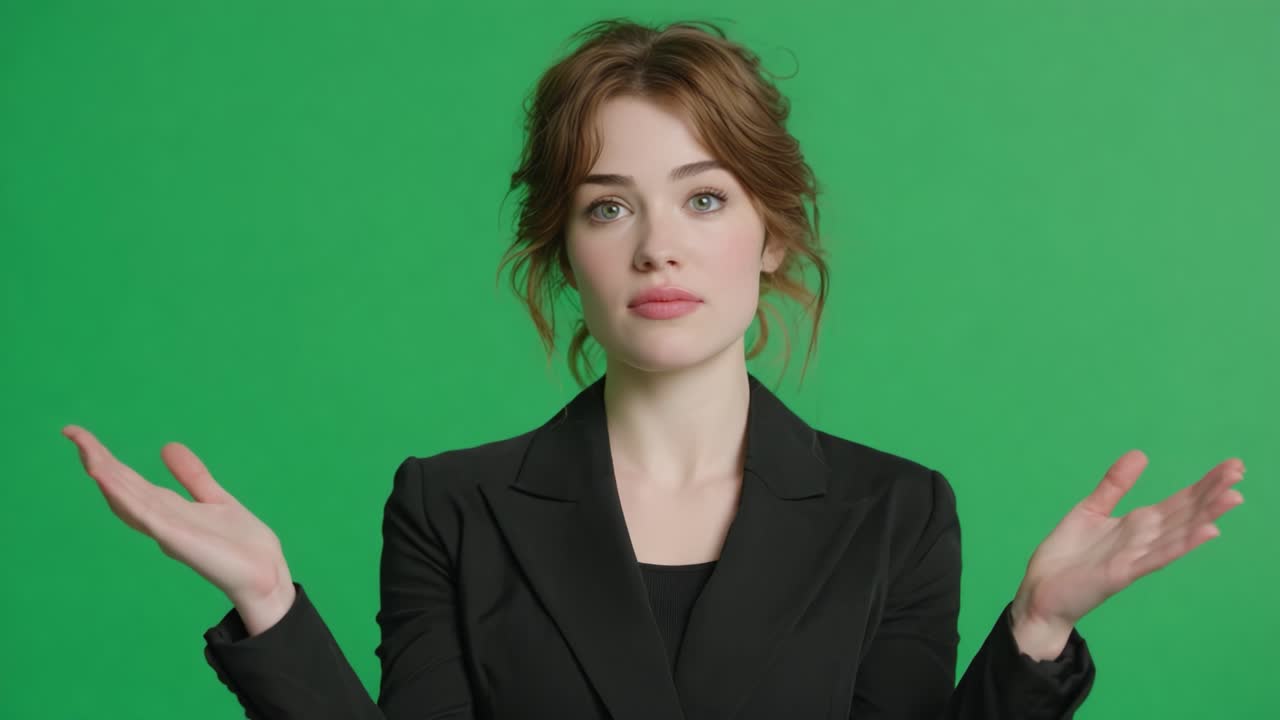 A woman presenting with open palms and a confident expression against a green backdrop, showcasing her versatility and engagement in a creative context